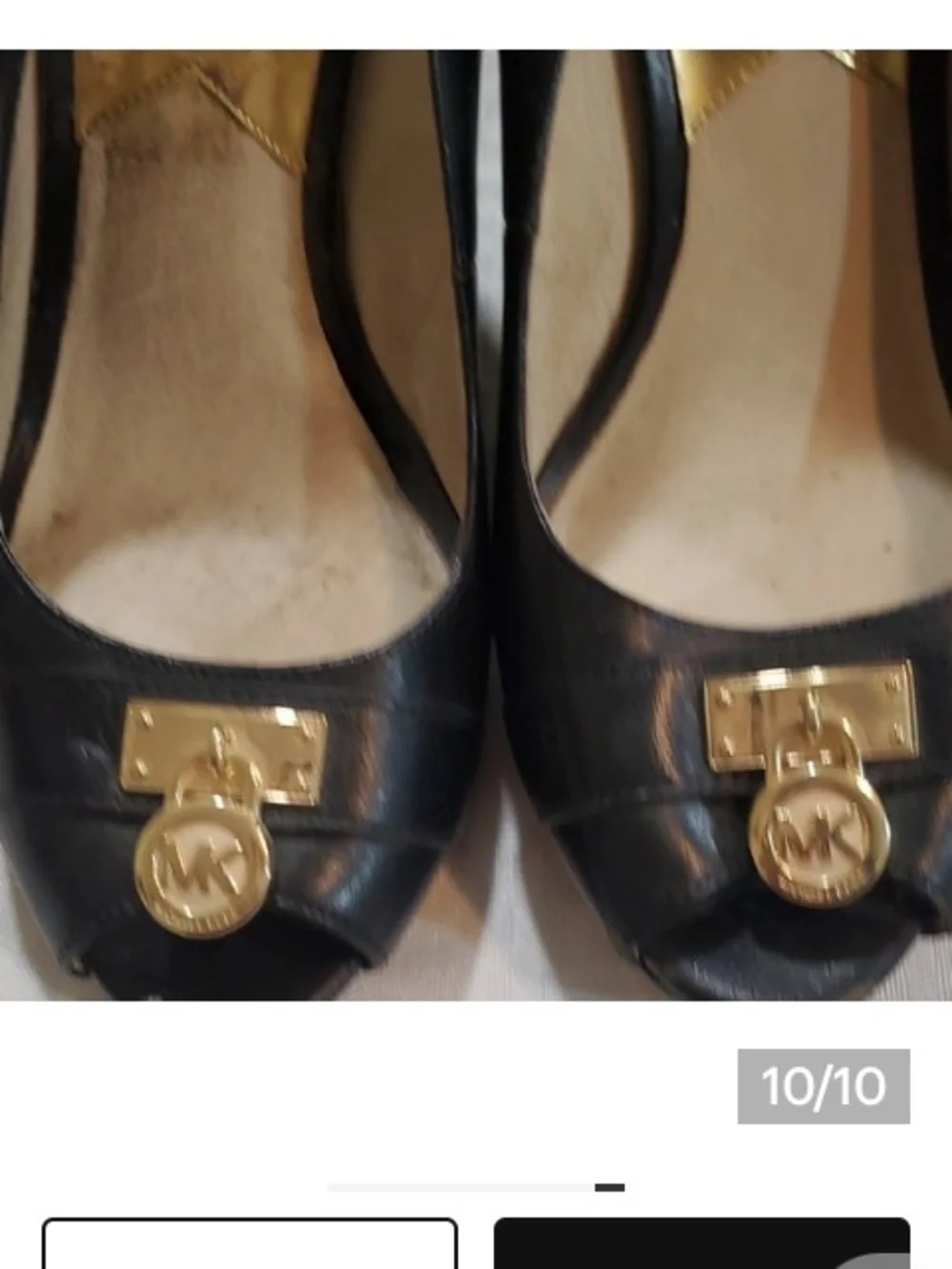Michael Kors Black Leather Peep-Toe Wedge Pumps with Gold Logo